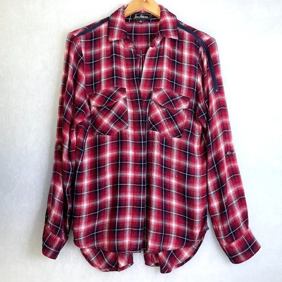 Sam Edelman Women's Red Plaid Shirt Button Front Long Sleeves Zipper Shoulders M - Picture 1 of 8